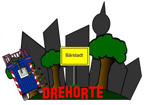 LÖwenzahn Fanclub Drehorte Logo mit angedeuteten Häusern dem Bauwagen und einem Stadtschild mit dem Namen Bärstadt